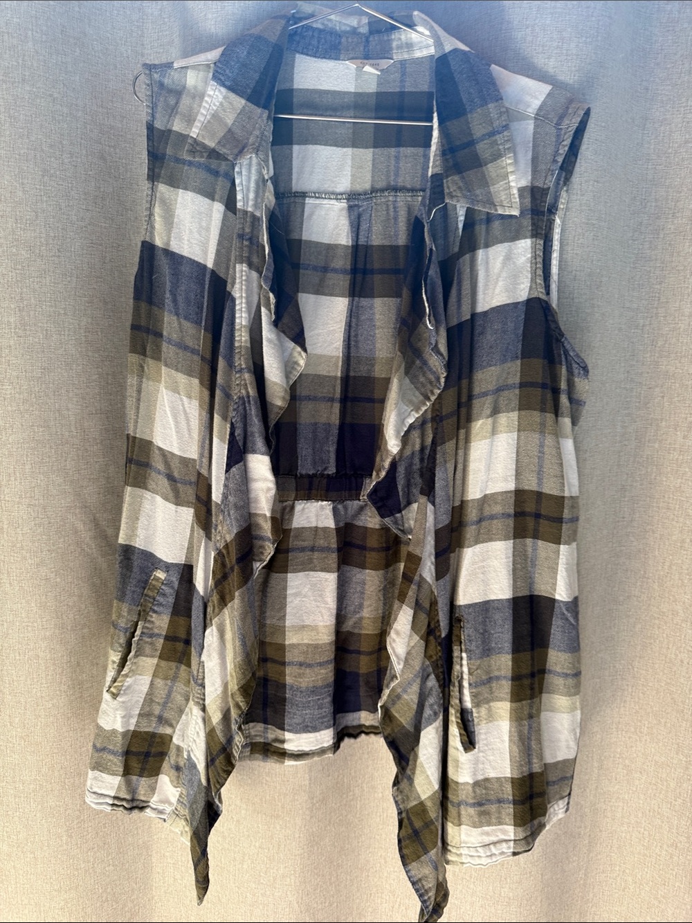Plaid Draped Open-Front Sleeveless Vest - Olive, Black & White